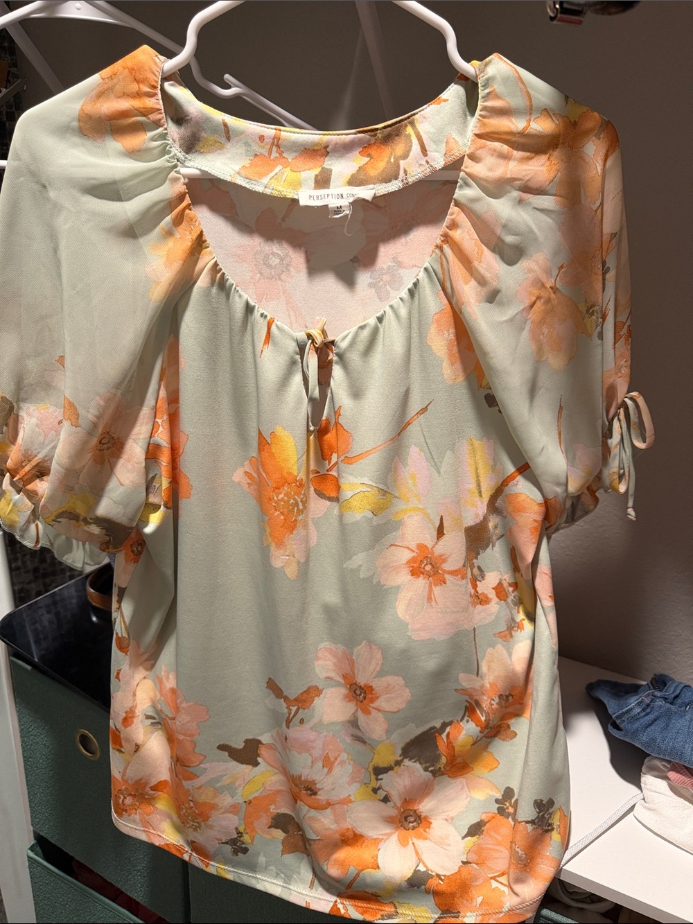PerSeption Concept Mint Green Blouse with Orange Floral Print